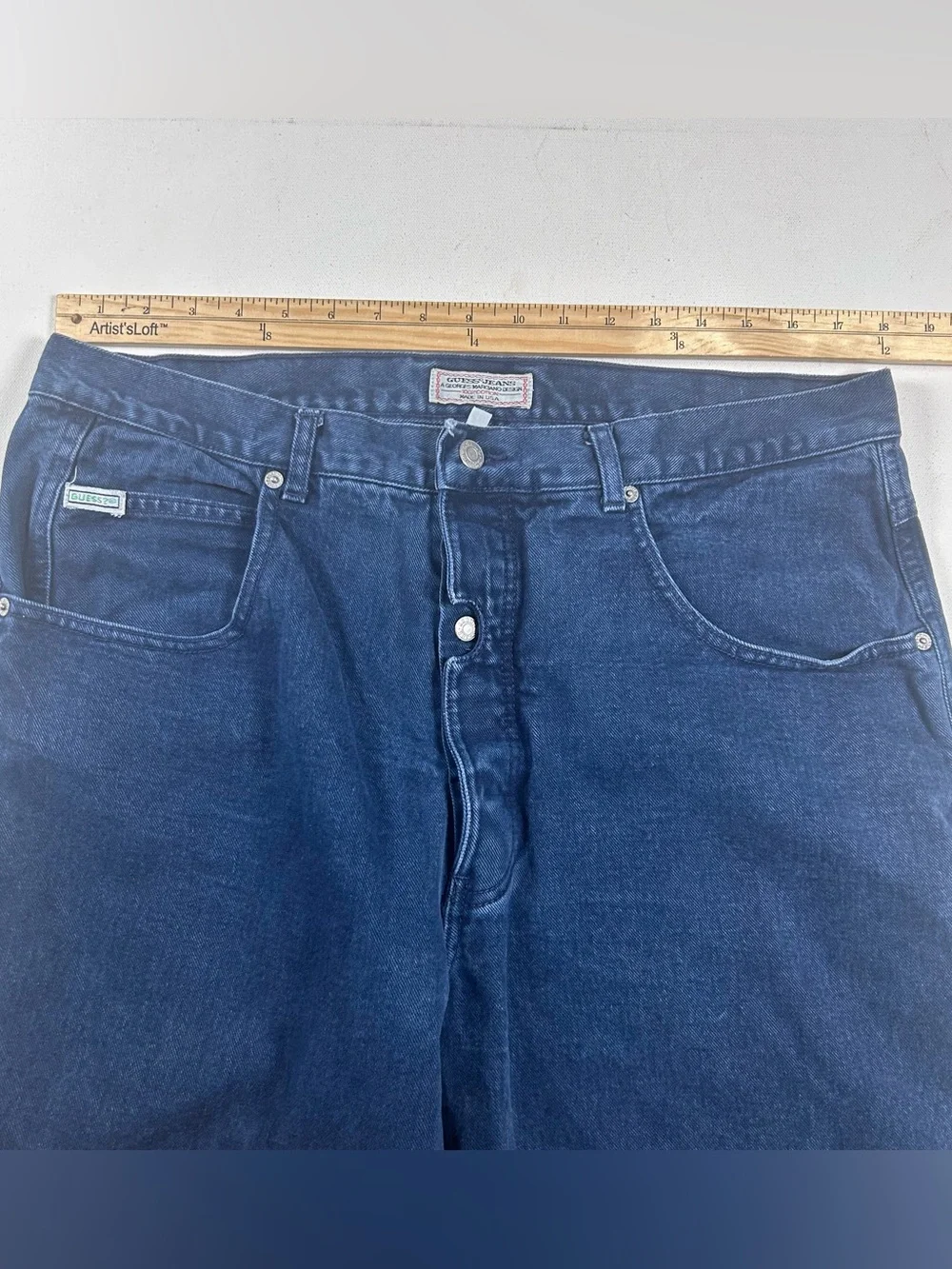 VTG 90s Guess USA Jeans Fits: 36X31 Baggy Taper Leg Mens Blue Unique Button Fly